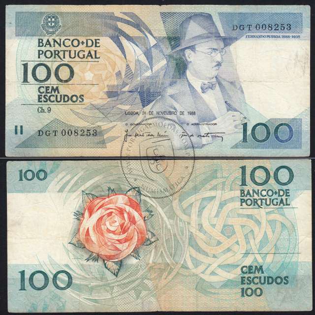 100 Escudos 1988 Fernando Pessoa 24/11/1988, 100$00 Cem Escudos 24/11/1988 Chapa:9 Banco de Portugal, (C), Pick 179f