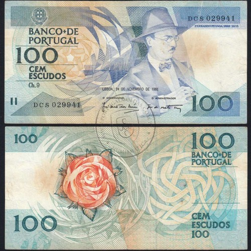 100 Escudos 1988 Fernando Pessoa 24/11/1988, 100$00 Cem Escudos 24/11/1988 Chapa:9 Banco de Portugal, (C), Pick 179f