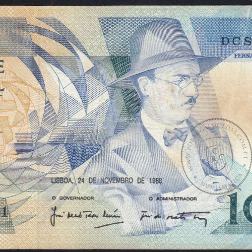 100 Escudos Fernando Pessoa 24.11.1988, One Hundred Escudos 24 November 1988 Plate 9 - Bank of Portugal, (C), Pick 179f