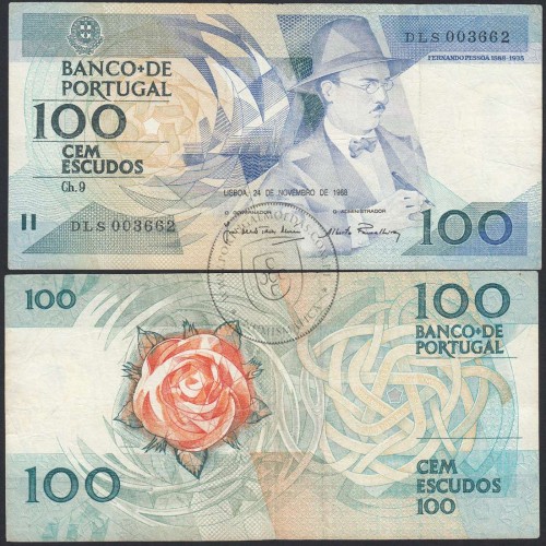 100 Escudos 1988 Fernando Pessoa 24/11/1988, 100$00 Cem Escudos 24/11/1988 Chapa:9 Banco de Portugal, (C), Pick 179f