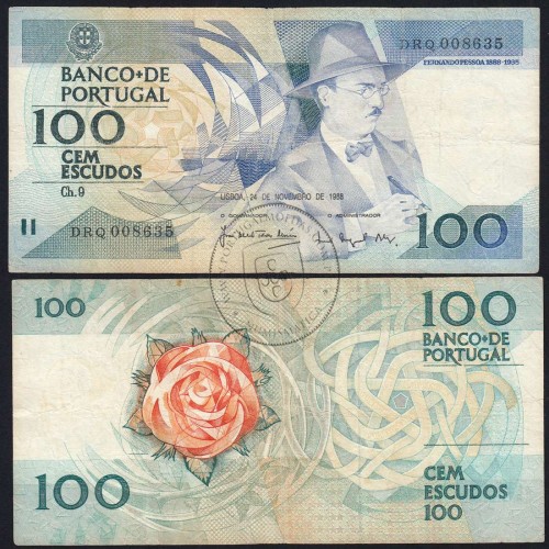 100 Escudos 1988 Fernando Pessoa 24/11/1988, 100$00 Cem Escudos 24/11/1988 Chapa:9 Banco de Portugal, (C), Pick 179f