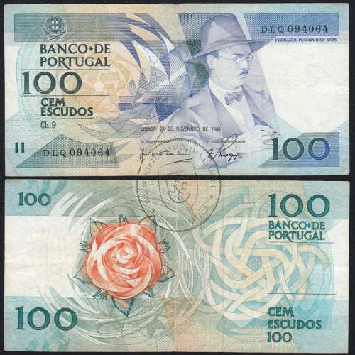 100 Escudos 1988 Fernando Pessoa 24/11/1988, 100$00 Cem Escudos 24/11/1988 Chapa:9 Banco de Portugal, (C), Pick 179f