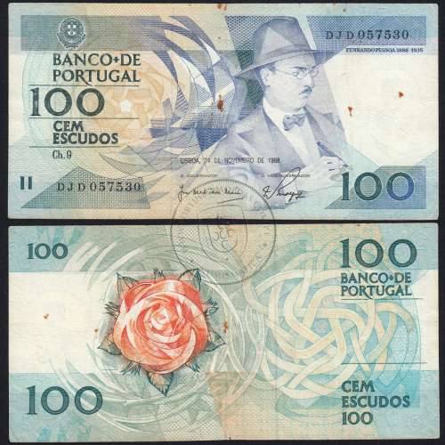 100 Escudos Fernando Pessoa 24.11.1988, One Hundred Escudos 24 November 1988 Plate 9 - Bank of Portugal, (C), Pick 179f