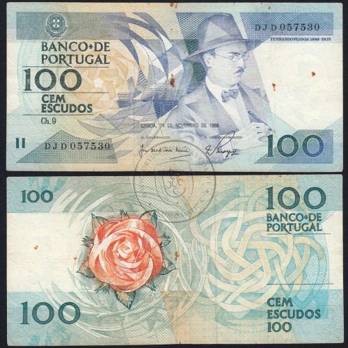 100 Escudos Fernando Pessoa 24.11.1988, One Hundred Escudos 24 November 1988 Plate 9 - Bank of Portugal, (C), Pick 179f