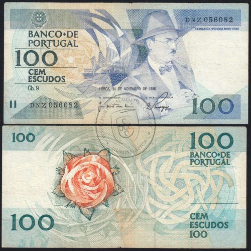 100 Escudos 1988 Fernando Pessoa 24/11/1988, 100$00 Cem Escudos 24/11/1988 Chapa:9 Banco de Portugal, (C), Pick 179f