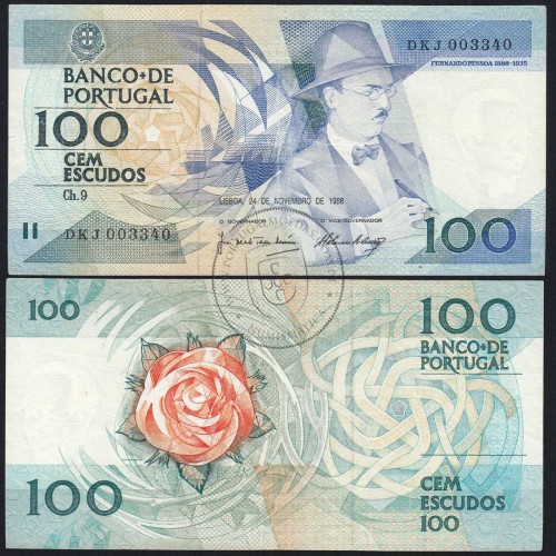100 Escudos 1988 Fernando Pessoa 24/11/1988, 100$00 Cem Escudos 24/11/1988 Chapa:9 Banco de Portugal, (C), Pick 179f