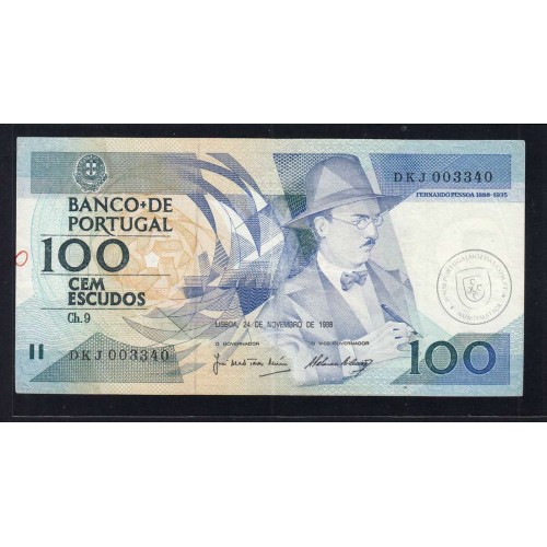 100 Escudos 1988 Fernando Pessoa 24/11/1988, 100$00 Cem Escudos 24/11/1988 Chapa:9 Banco de Portugal, (C), Pick 179f