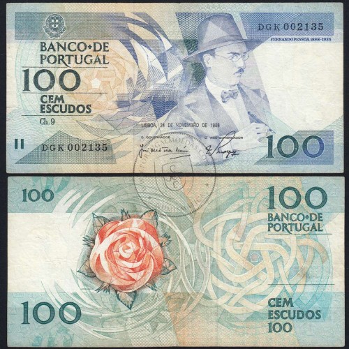 100 Escudos Fernando Pessoa 24.11.1988, One Hundred Escudos 24 November 1988 Plate 9 - Bank of Portugal, (C), Pick 179f
