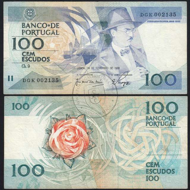 100 Escudos Fernando Pessoa 24.11.1988, One Hundred Escudos 24 November 1988 Plate 9 - Bank of Portugal, (C), Pick 179f