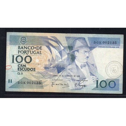 100 Escudos 1988 Fernando Pessoa 24/11/1988, 100$00 Cem Escudos 24/11/1988 Chapa:9 Banco de Portugal, (C), Pick 179f