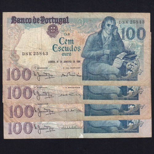 Lote 4 assinaturas 100 Escudos Bocage 31/01/1984, 100$00 Cem Escudos 31/01/1984 Chapa:8 Banco de Portugal, (MC), Pick 178c