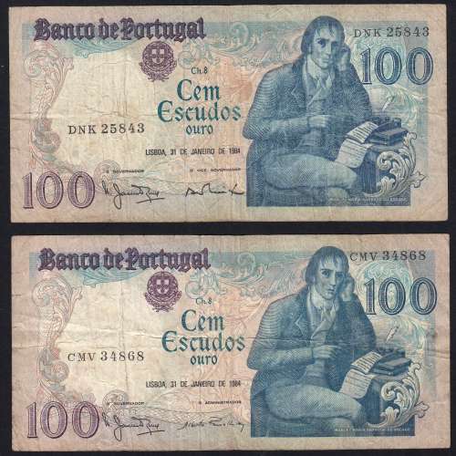 Lote 4 assinaturas 100 Escudos Bocage 31/01/1984, 100$00 Cem Escudos 31/01/1984 Chapa:8 Banco de Portugal, (MC), Pick 178c