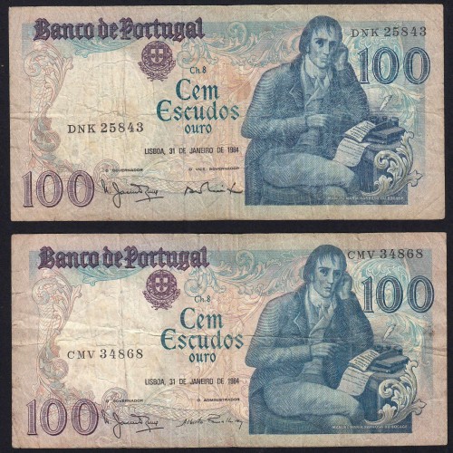 Lote 4 assinaturas 100 Escudos Bocage 31/01/1984, 100$00 Cem Escudos 31/01/1984 Chapa:8 Banco de Portugal, (MC), Pick 178c