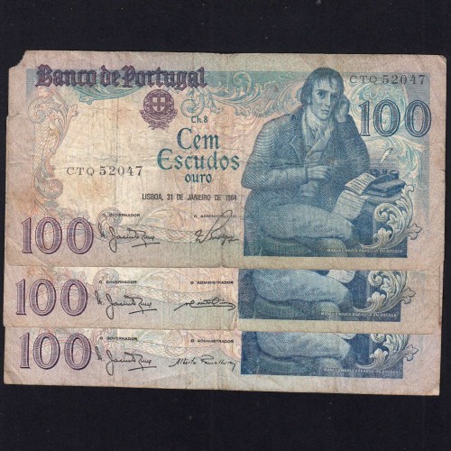 Lot 3 signatures 100 Escudos Bocage 01/31/1984, 100$00 One Hundred Escudos 01/31/1984 Plate:8 Banco de Portugal, (MC), Pick 178c