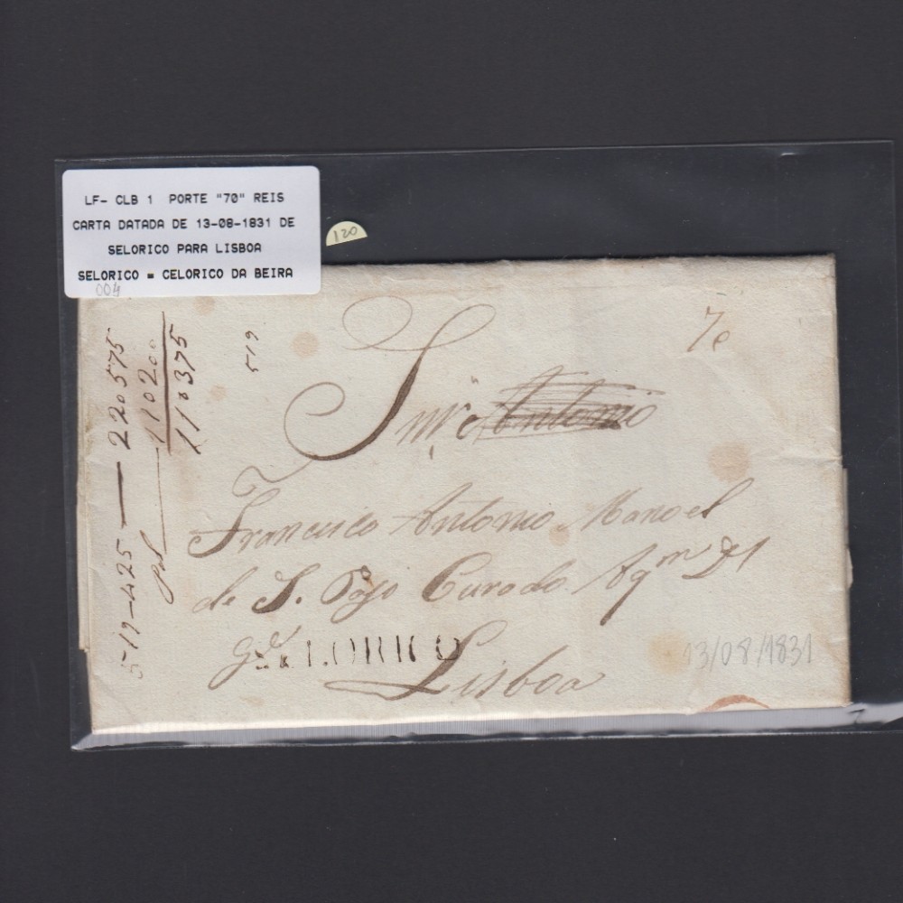 Carta Pré-Filatélica circulada de Celorico "SELORICO" para Lisboa datada de 13-08-1831