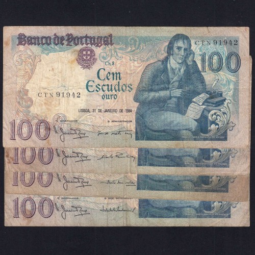 Lote 4 assinaturas 100 Escudos Bocage 31/01/1984, 100$00 Cem Escudos 31/01/1984 Chapa:8 Banco de Portugal, (MC), Pick 178c