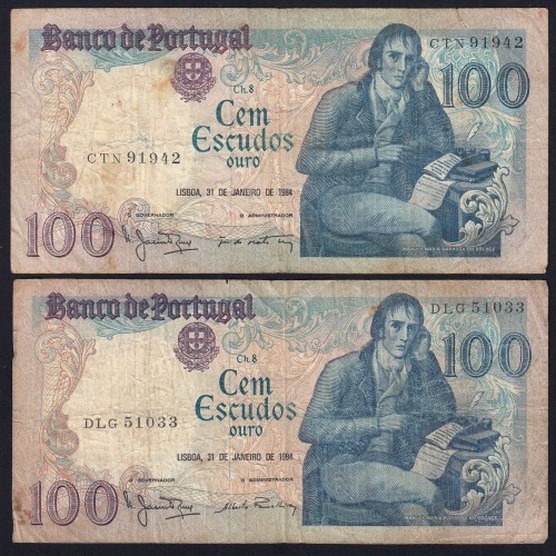 Lote 4 assinaturas 100 Escudos Bocage 31/01/1984, 100$00 Cem Escudos 31/01/1984 Chapa:8 Banco de Portugal, (MC), Pick 178c