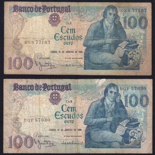 Lote 4 assinaturas 100 Escudos Bocage 31/01/1984, 100$00 Cem Escudos 31/01/1984 Chapa:8 Banco de Portugal, (MC), Pick 178c
