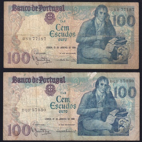 Lot 4 signatures 100 Escudos Bocage 01/31/1984, 100$00 One Hundred Escudos 01/31/1984 Plate:8 Banco de Portugal, (MC), Pick 178c