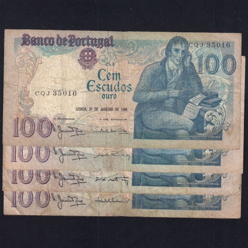 Lote 4 assinaturas 100 Escudos Bocage 31/01/1984, 100$00 Cem Escudos 31/01/1984 Chapa:8 Banco de Portugal, (MC), Pick 178c