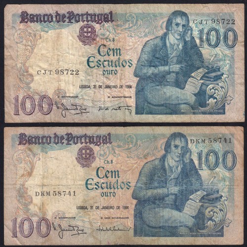 Lote 4 assinaturas 100 Escudos Bocage 31/01/1984, 100$00 Cem Escudos 31/01/1984 Chapa:8 Banco de Portugal, (MC), Pick 178c