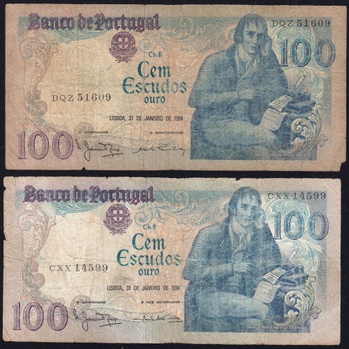 Lot 5 signatures 100 Escudos Bocage 01/31/1984, 100$00 One Hundred Escudos 01/31/1984 Plate:8 Banco de Portugal, (MC), Pick 178c