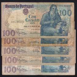 Lot 5 signatures 100 Escudos Bocage 01/31/1984, 100$00 One Hundred Escudos 01/31/1984 Plate:8 Banco de Portugal, (MC), Pick 178c