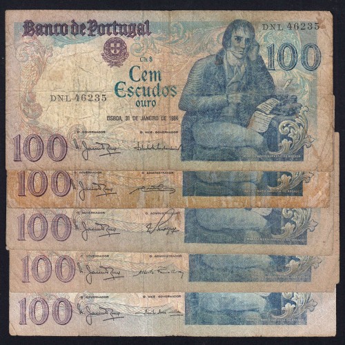 Lote 5 assinaturas 100 Escudos Bocage 31/01/1984, 100$00 Cem Escudos 31/01/1984 Chapa:8 Banco de Portugal, (MC), Pick 178c