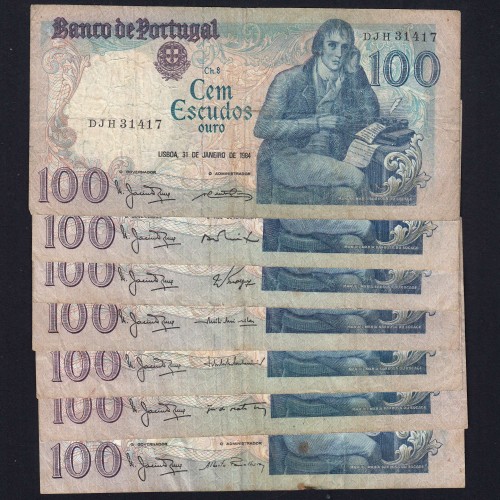Lot 7 signatures 100 Escudos Bocage 01/31/1984, 100$00 One Hundred Escudos 01/31/1984 Plate:8 Banco de Portugal, (MC), Pick 178c