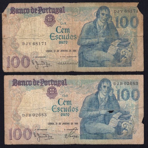 Lot 2 signatures 100 Escudos Bocage 01/31/1984, 100$00 One Hundred Escudos 01/31/1984 Plate:8 Banco de Portugal, (MC), Pick 178c