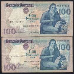 Lot 2 signatures 100 Escudos Bocage 03/12/1985, 100$00 One Hundred Escudos 03/12/1985 Plate:8 Banco de Portugal, (MC), Pick 178d
