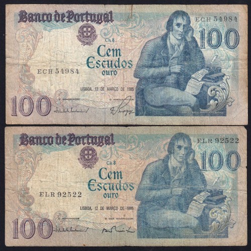 Lot 2 signatures 100 Escudos Bocage 03/12/1985, 100$00 One Hundred Escudos 03/12/1985 Plate:8 Banco de Portugal, (MC), Pick 178d