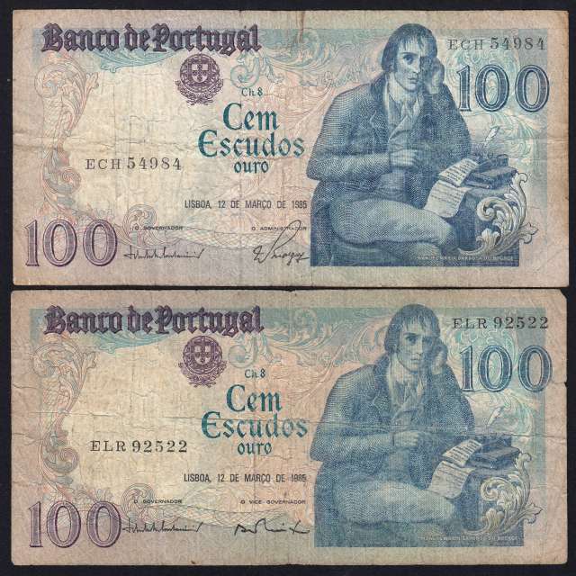 Lote 2 assinaturas 100 Escudos Bocage 12/03/1985, 100$00 Cem Escudos 12/03/1985 Chapa:8 Banco de Portugal, (MC), Pick 178d