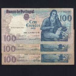 Lote 3 assinaturas 100 Escudos Bocage 12/03/1985, 100$00 Cem Escudos 12/03/1985 Chapa:8 Banco de Portugal, (MC), Pick 178d