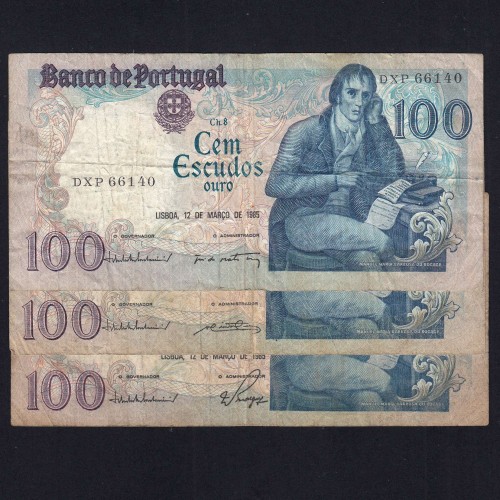 Lot 3 signatures 100 Escudos Bocage 03/12/1985, 100$00 One Hundred Escudos 03/12/1985 Plate:8 Banco de Portugal, (MC), Pick 178d