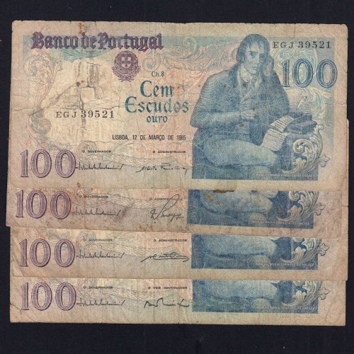 Lote 4 assinaturas 100 Escudos Bocage 12/03/1985, 100$00 Cem Escudos 12/03/1985 Chapa:8 Banco de Portugal, (MC), Pick 178d