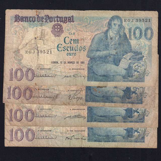 Lote 4 assinaturas 100 Escudos Bocage 12/03/1985, 100$00 Cem Escudos 12/03/1985 Chapa:8 Banco de Portugal, (MC), Pick 178d