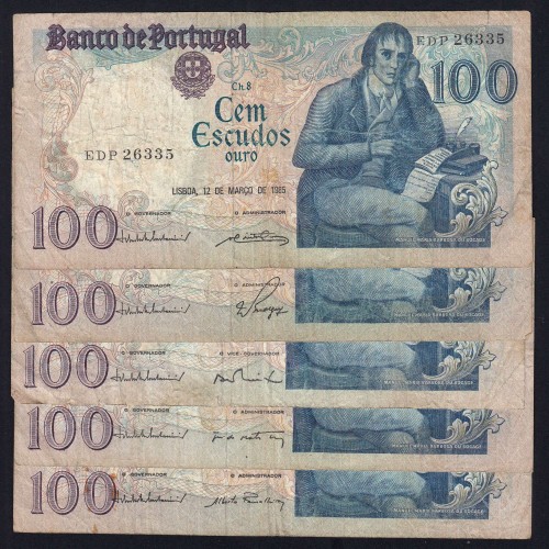 Lot 5 signatures 100 Escudos Bocage 03/12/1985, 100$00 One Hundred Escudos 03/12/1985 Plate:8 Banco de Portugal, (MC), Pick 178d