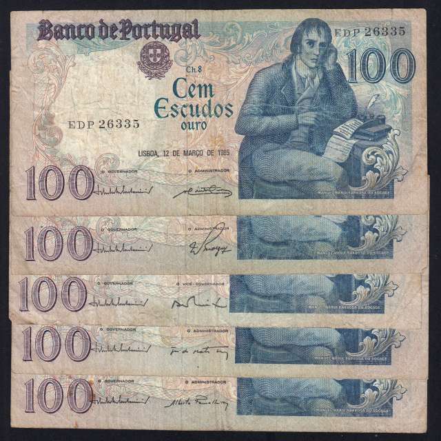 Lot 5 signatures 100 Escudos Bocage 03/12/1985, 100$00 One Hundred Escudos 03/12/1985 Plate:8 Banco de Portugal, (MC), Pick 178d