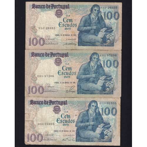 Lot 5 signatures 100 Escudos Bocage 03/12/1985, 100$00 One Hundred Escudos 03/12/1985 Plate:8 Banco de Portugal, (MC), Pick 178d