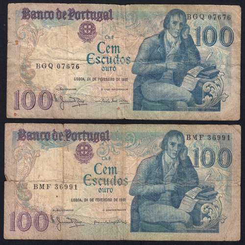 Lote 4 assinaturas 100 Escudos Bocage 24/02/1981, 100$00 Cem Escudos 24/02/1981 Chapa:8 Banco de Portugal, (MC), Pick 178b