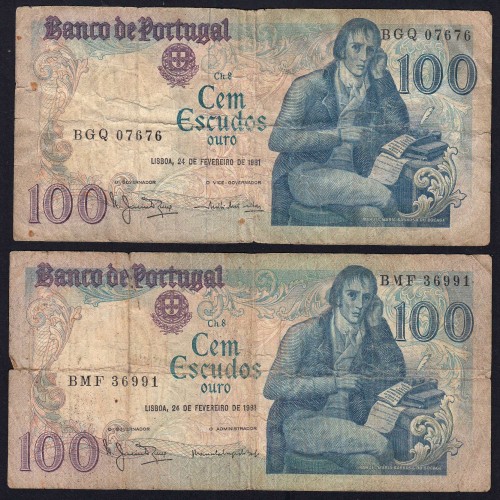 Lote 4 assinaturas 100 Escudos Bocage 24/02/1981, 100$00 Cem Escudos 24/02/1981 Chapa:8 Banco de Portugal, (MC), Pick 178b