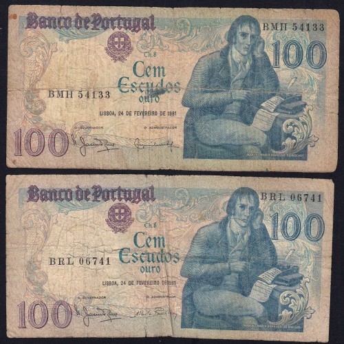 Lot 4 signatures 100 Escudos Bocage 02/24/1981, 100$00 One Hundred Escudos 02/24/1981 Plate:8 Banco de Portugal, (MC), Pick 178b