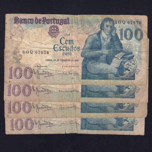 Lot 4 signatures 100 Escudos Bocage 02/24/1981, 100$00 One Hundred Escudos 02/24/1981 Plate:8 Banco de Portugal, (MC), Pick 178b