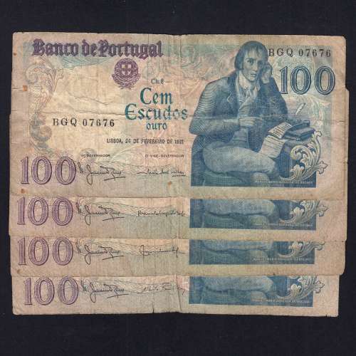 Lot 4 signatures 100 Escudos Bocage 02/24/1981, 100$00 One Hundred Escudos 02/24/1981 Plate:8 Banco de Portugal, (MC), Pick 178b