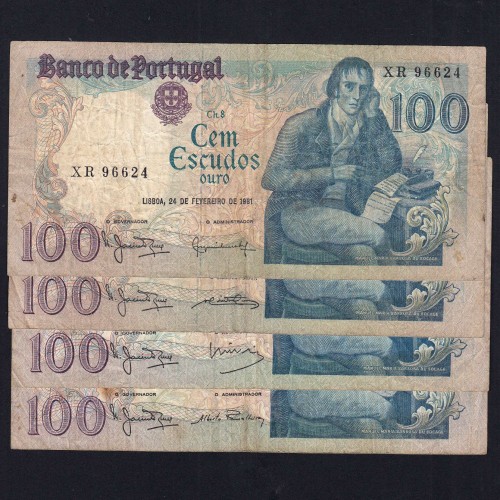 Lot 4 signatures 100 Escudos Bocage 02/24/1981, 100$00 One Hundred Escudos 02/24/1981 Plate:8 Banco de Portugal, (MC), Pick 178b