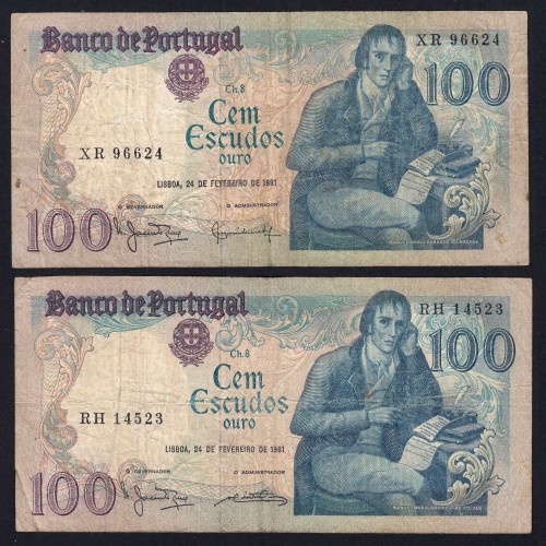 Lot 4 signatures 100 Escudos Bocage 02/24/1981, 100$00 One Hundred Escudos 02/24/1981 Plate:8 Banco de Portugal, (MC), Pick 178b
