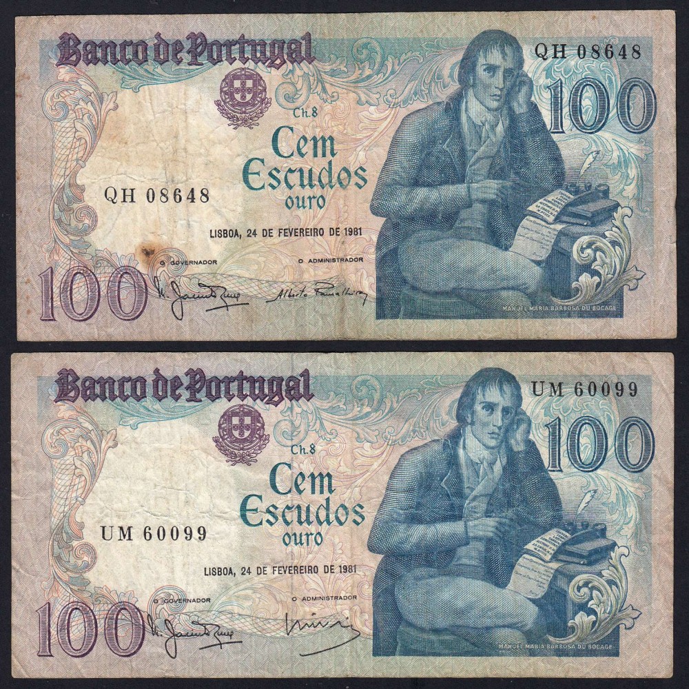 Lot 4 signatures 100 Escudos Bocage 02/24/1981, 100$00 One Hundred Escudos 02/24/1981 Plate:8 Banco de Portugal, (MC), Pick 178b