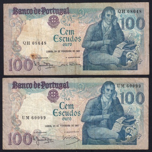Lot 4 signatures 100 Escudos Bocage 02/24/1981, 100$00 One Hundred Escudos 02/24/1981 Plate:8 Banco de Portugal, (MC), Pick 178b