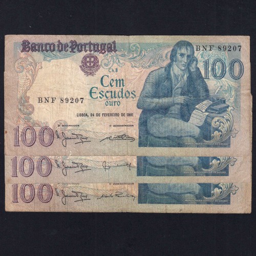 Lote 3 assinaturas 100 Escudos Bocage 24/02/1981, 100$00 Cem Escudos 24/02/1981 Chapa:8 Banco de Portugal, (MC), Pick 178b